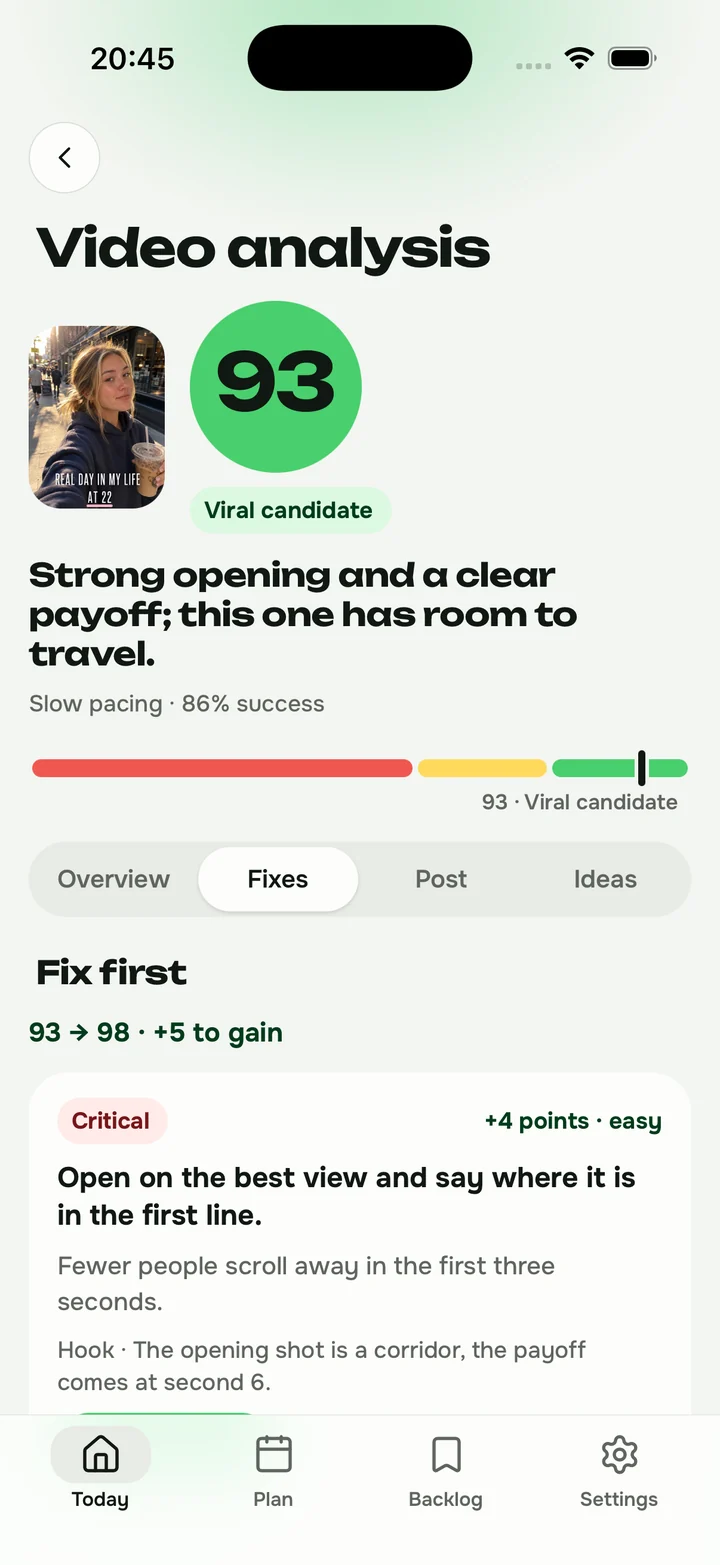 A video report with the score and the first fix